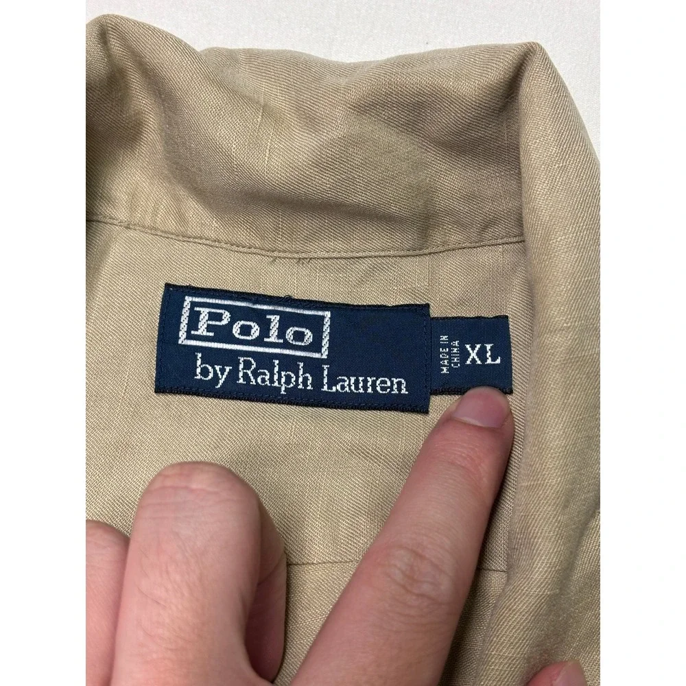 Polo Ralph Lauren‎ Linen Silk Short Sleeve Shirt Tan Khaki Mens XL Orange Pony